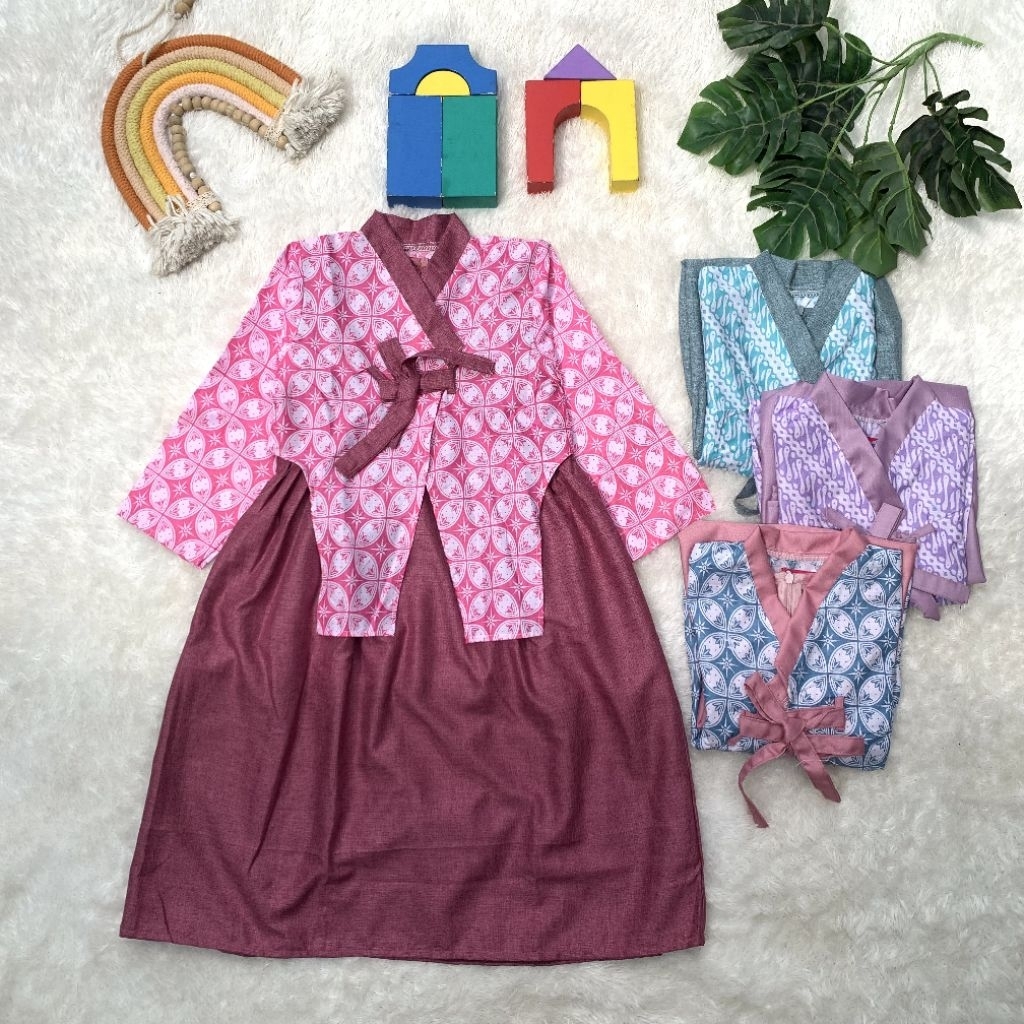 ESTHER BATIK Dress Gamis Batik Anak Triana Hanbok Bahan Katun Mix Polos Model Lucu Cantik