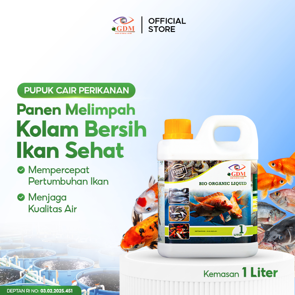 Suplemen Organik Cair GDM Perikanan 1L | Probiotik Perikanan | Air Jernih & Ikan Cepat Besar | Lele 