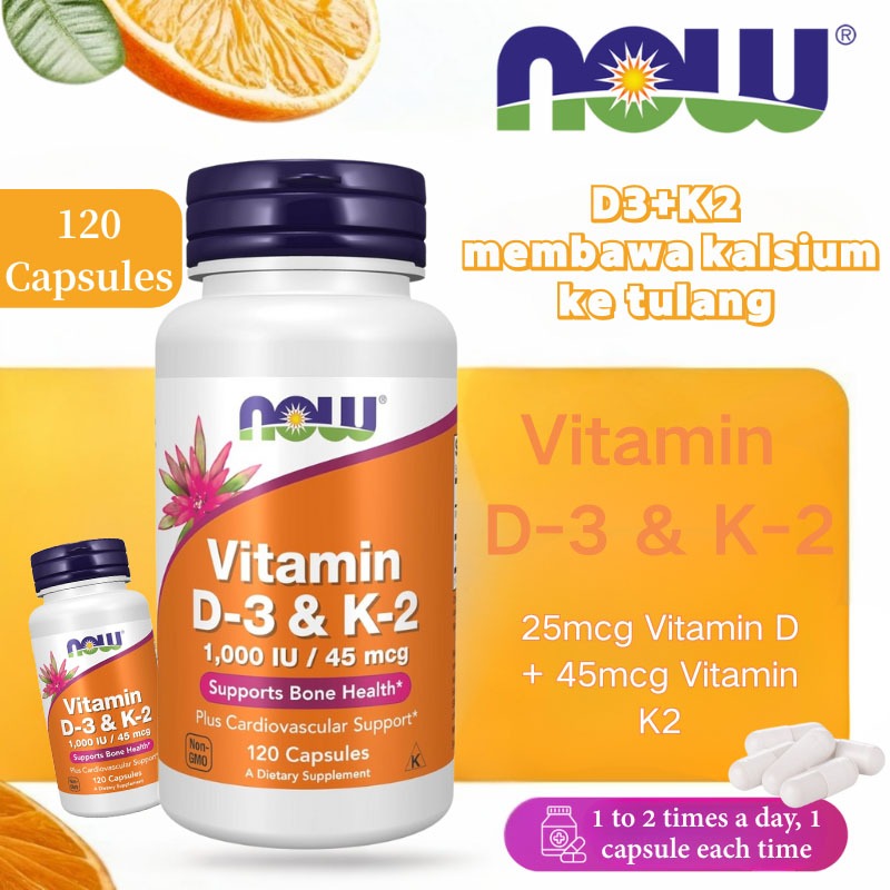 NOW Vitamin D3 1000 dan K2 45mcg Vitamin D3 K2 Imunitas Tubuh Inflamasi Tulang dan Gigi 120 Capsules