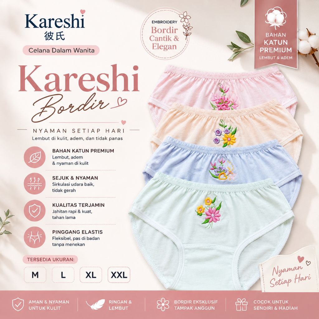 6 PCS CELANA DALAM WANITA KARESHI BORDIR / CD PEREMPUAN / CD MURAH / CD CEWEK BORDIR BUNGA