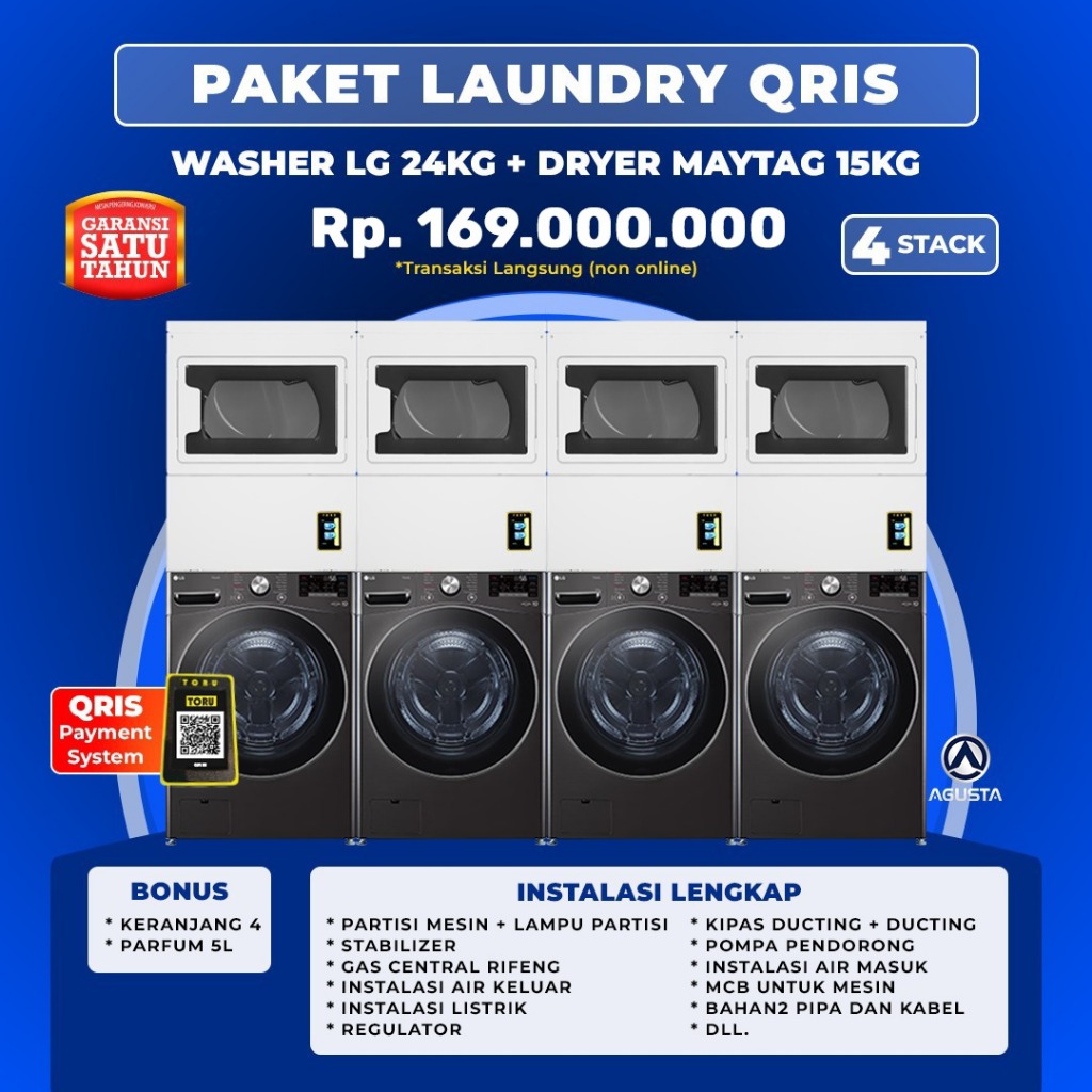 Mesin Laundry Qris 4 set Stack Mesin Cuci LG 24 kg & Mesin Pengering Maytag 15 kg Partisi
