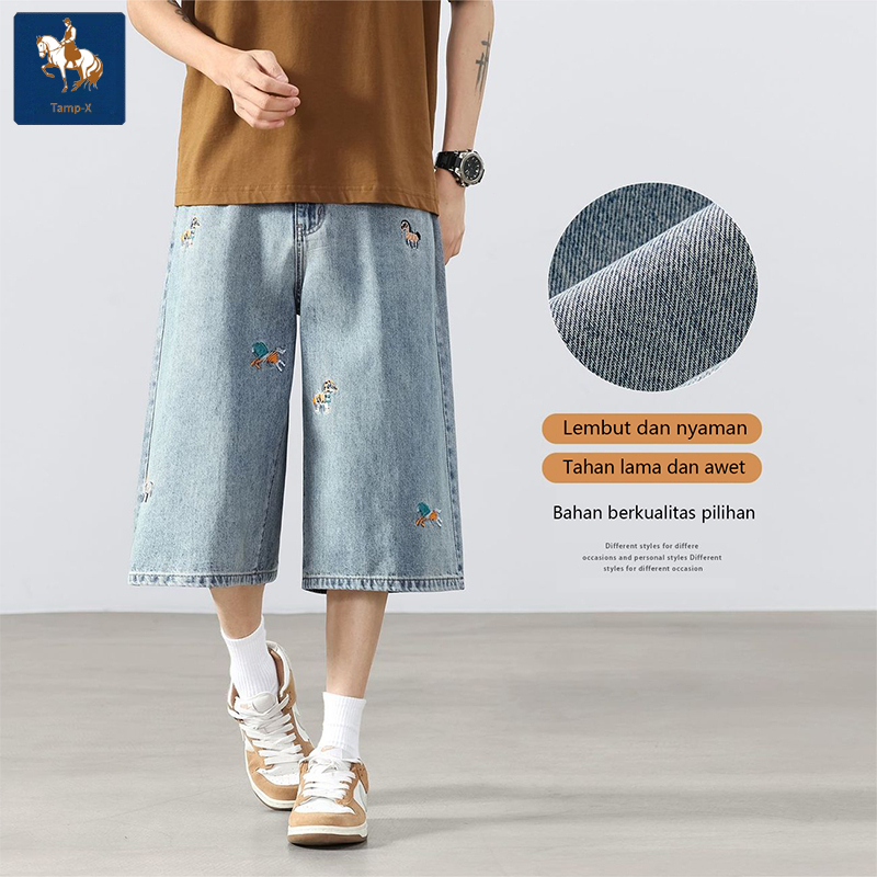 Tamp-X Oversize Celana Jeans Pria Bordir Kuda Kecil – Kulot Jumbo Loose Jeans Korean Style Biru Muda