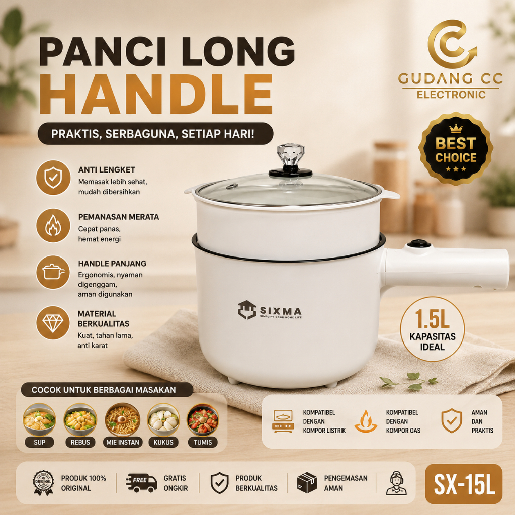 (GCC-ELC) Panci Listrik Long Handle Multifungsi 2in1 / Kukusan Kapasitas 1.8 Liter Sixma SS-6507