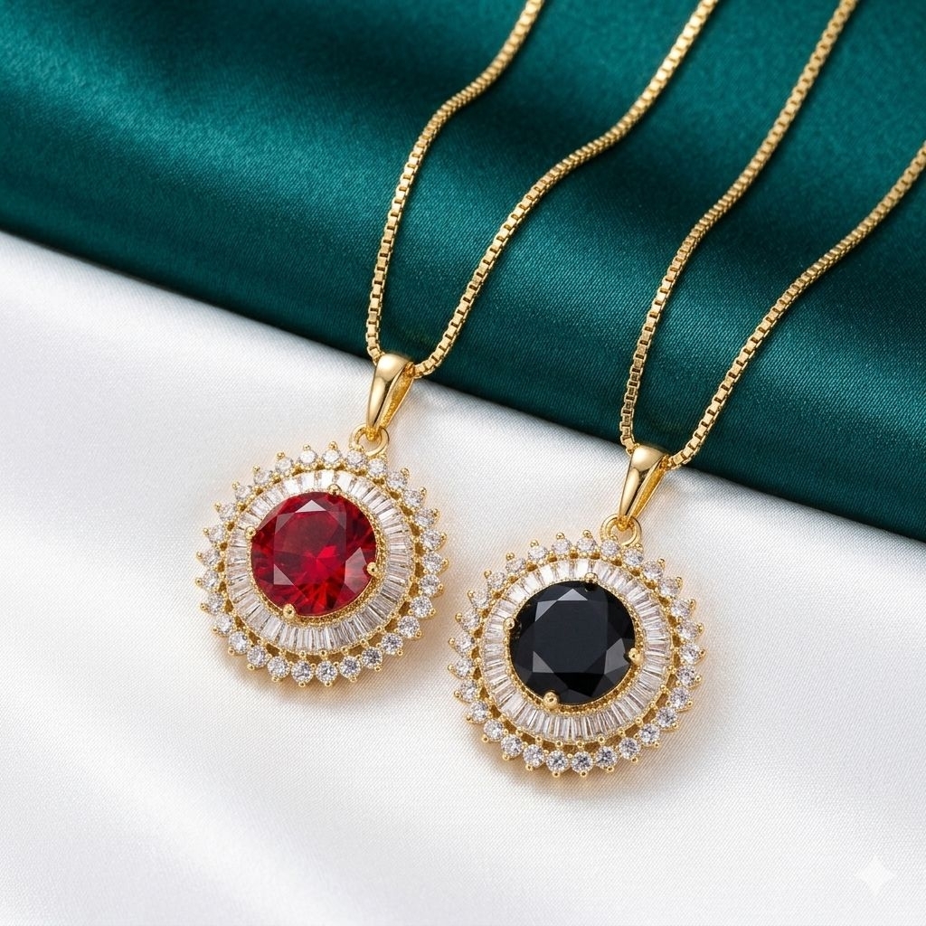 xuping88 Kalung, liontin motif bulat batu permata warna merah dan batu hitam mewah lapis emas titani