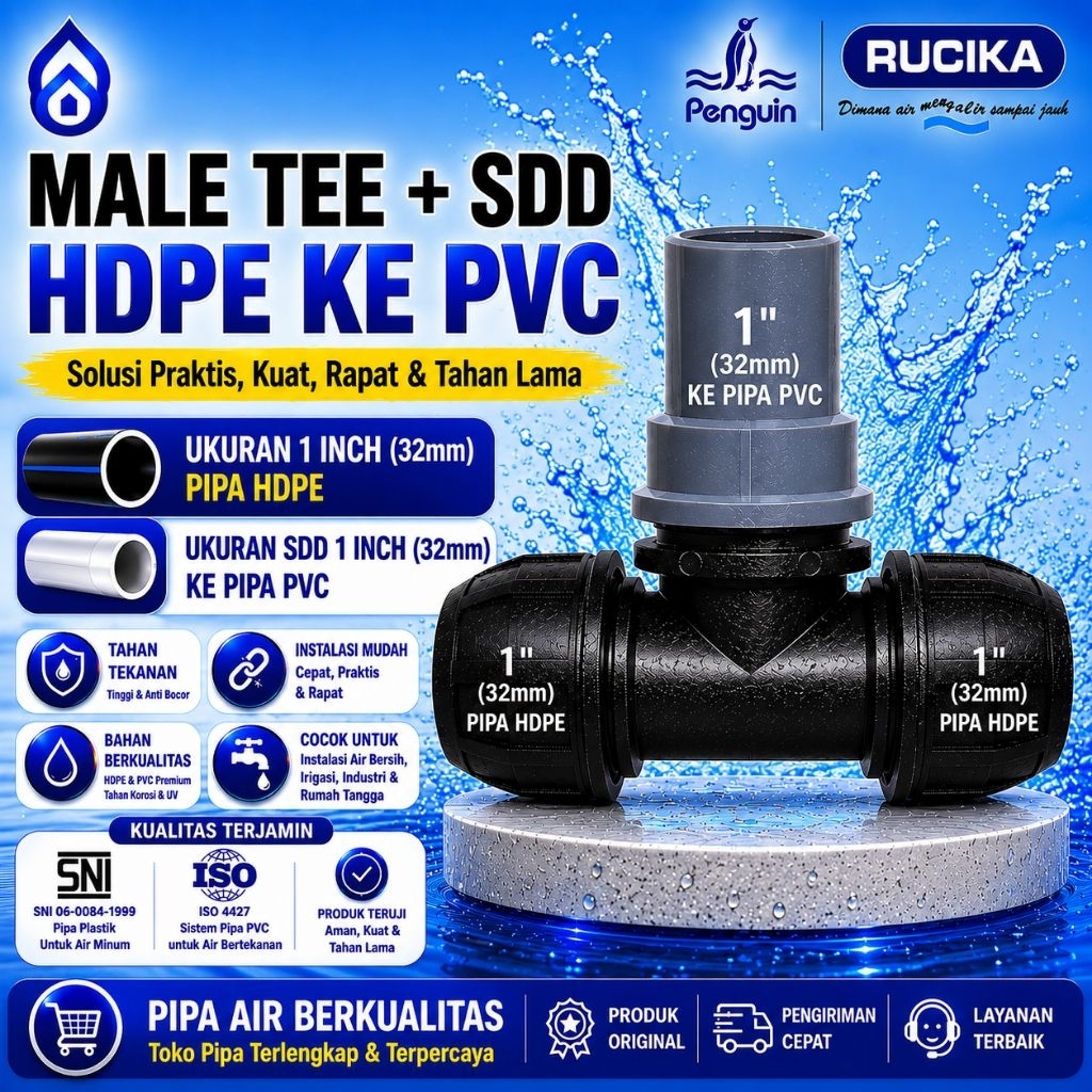 Sambungan Pipa Tee HDPE Ke pipa PVC ( Male Tee 1" x SDD 1" ) paket murah 100% Baru