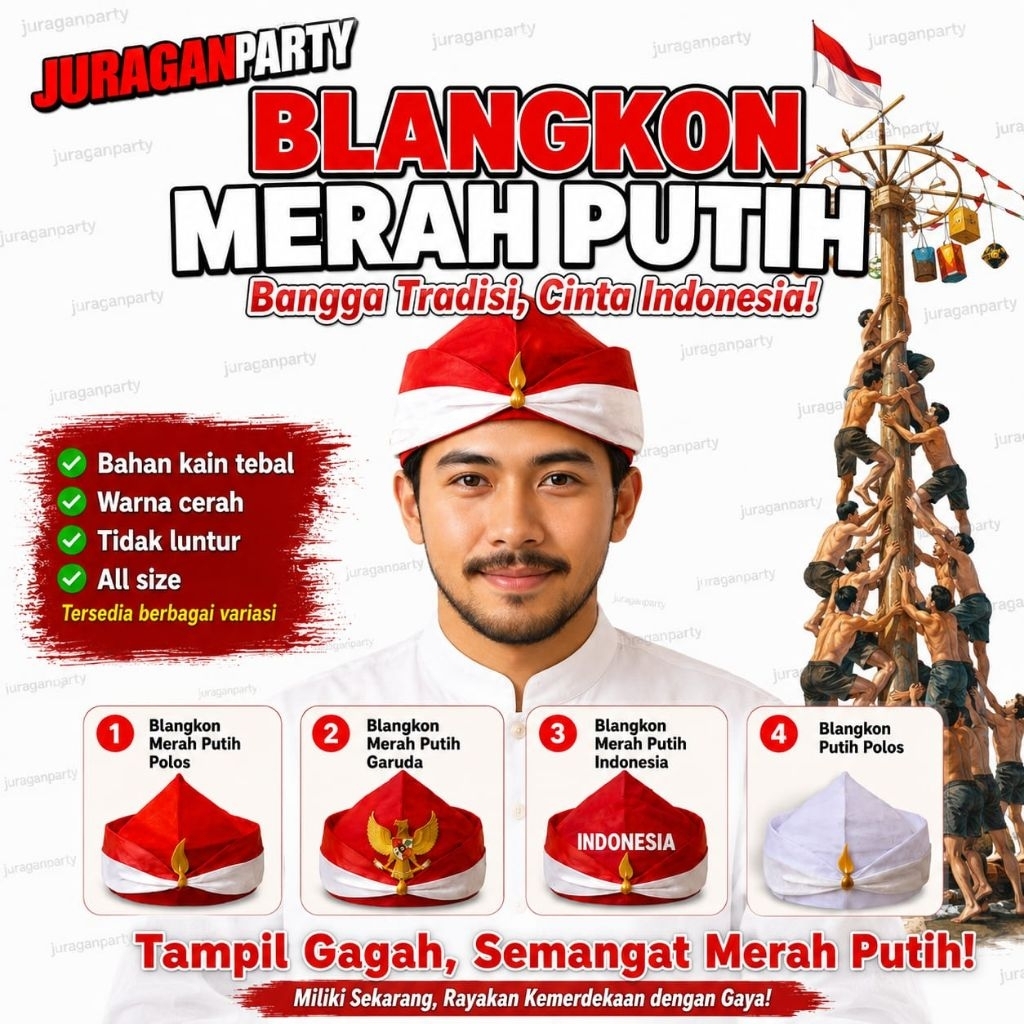 (Kualitas Bagus) Blangkon Merah putih Khas Agustusan, Aksesoris Blangkon merah putih, Blangkon KDM