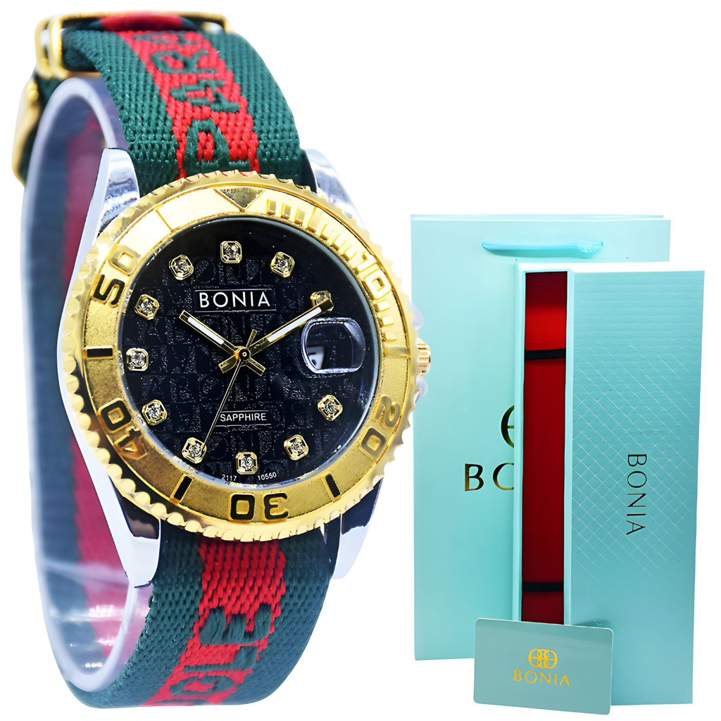 [[ PAKETAN BOX + KARTU + PAPERBAG ]] JAM TANGAN KANVAS WANITA BONIA MONOGRAM BEZEL PUTAR FREE BOX SE