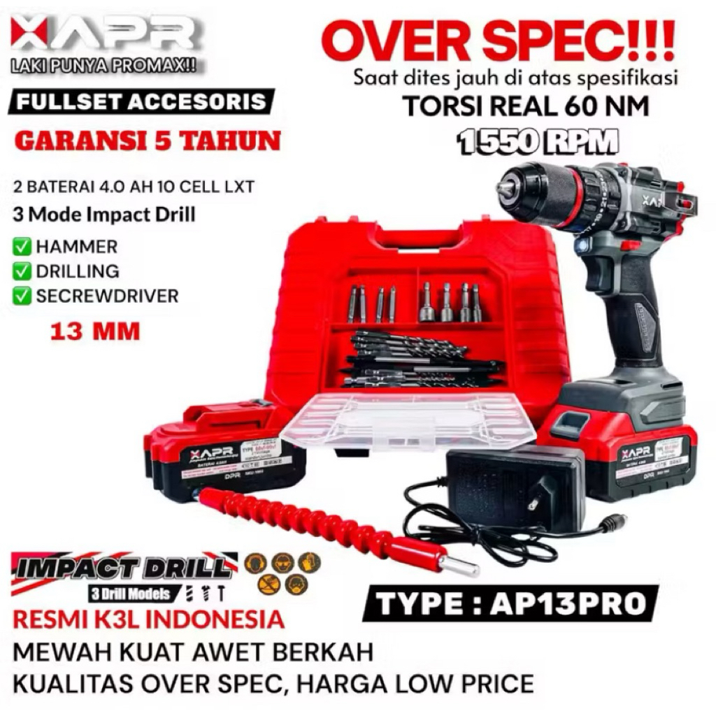 MESIN BOR BATERAI 88V APR AP13 PRO BRUSHLESS FULLSET CORDLESS IMPACT DRILL 88V APR AP13 PRO BOR BETO