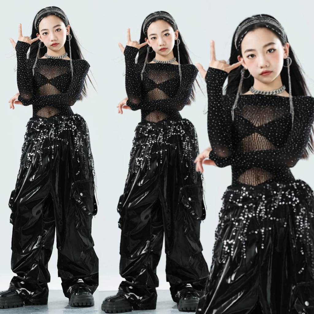 [READY STOCK] BB-01 Baju Dance Anak Import Black Metalic HipHop Kpop Kostum