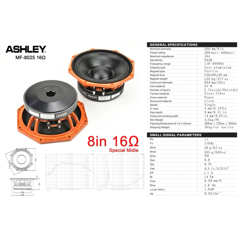 SPEAKER ASHLEY 8 inch MF 8025 ORIGINAL 16 ohm Untuk line array Speaker Ashley mf8025