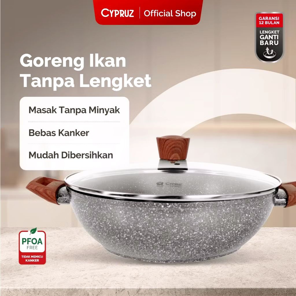 CYPRUZ WAJAN KUALI TUTUP GREY MARBLE WOK PAN 30 CM