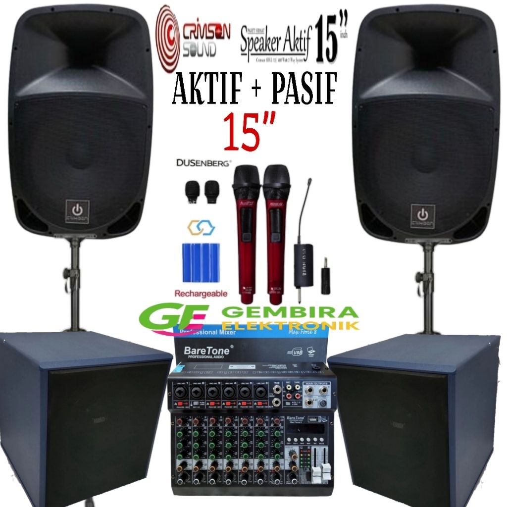 Paket Speaker Aktif Pasif Crimson 15 inch Mixer Baretone 8 Channel Original