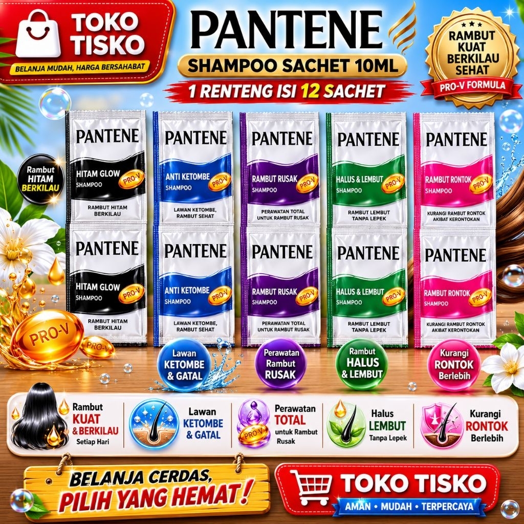 PANTENE Shampo Sachet 10ml - Anti Ketombe/Rambut Rontok/Halus & Lembut/Rambut Rusak/Hitam Glow/ | Pa