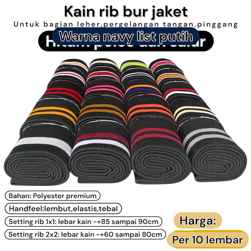 kain Rib/bur warna Hitam polos dan salur Polyester premium tebal per 10 lembar