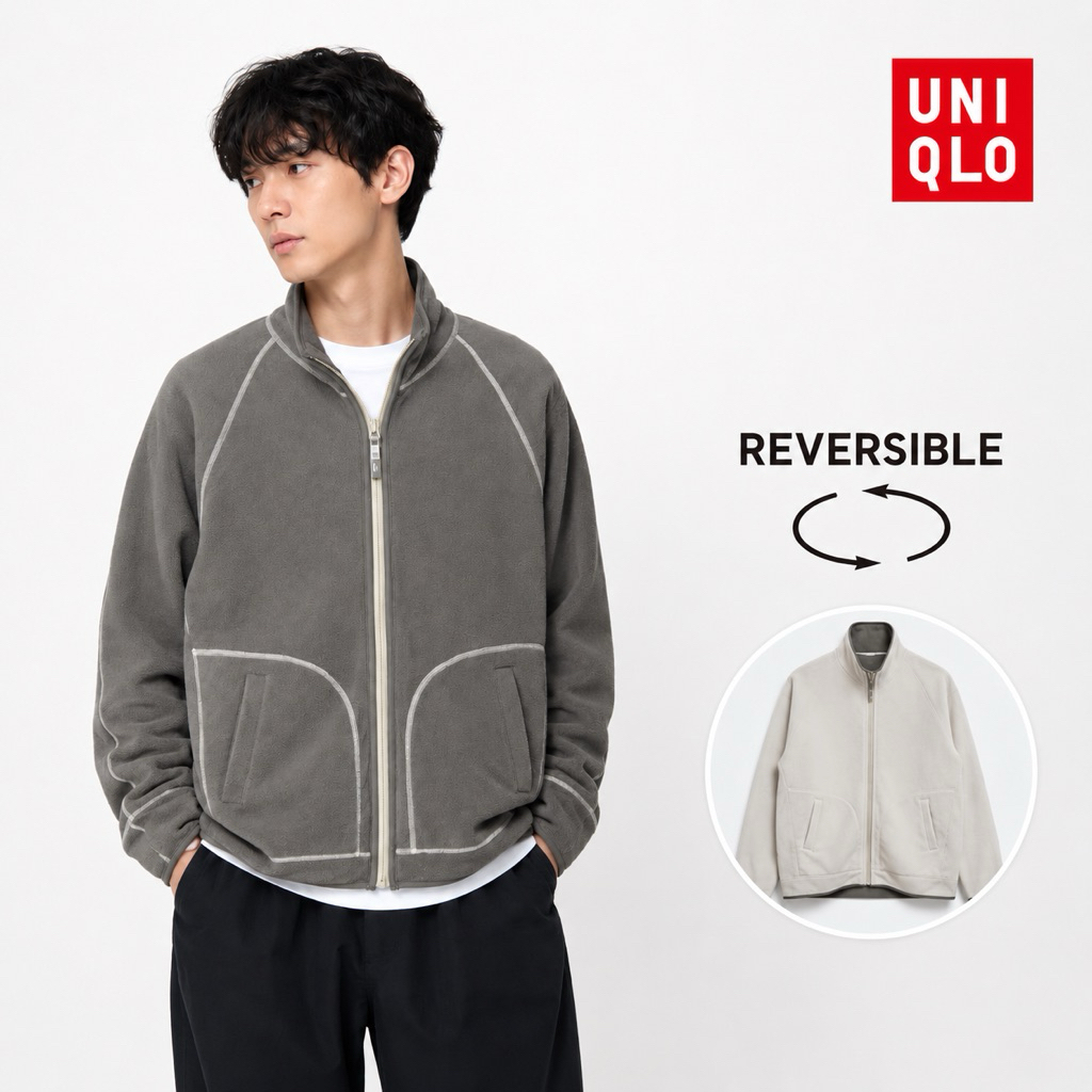 Jacket Casual Ziper Tracktop Uniqlo Fleece Polar Tech Reversible Original