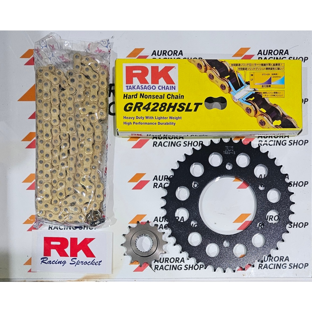 GEAR SET RK 428 BLACK SCORPIO SERIES & RANTAI RK 428 HSLT GOLD - RK TAKASAGO