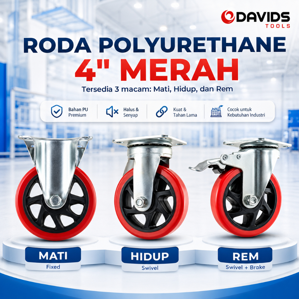 Roda Troli Karet Gerobak Lemari Etalase PU Double Bearing Merah 4 inch Rem