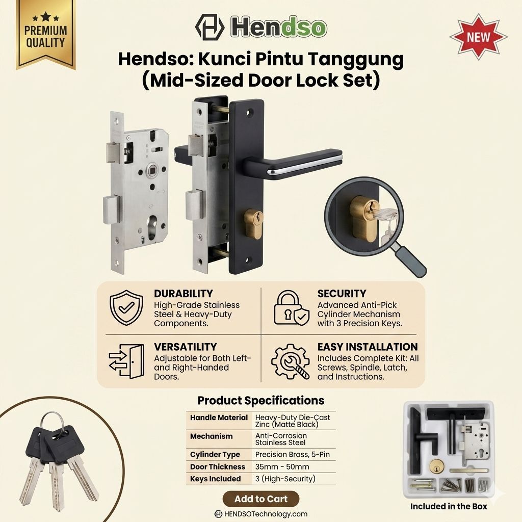 Kunci Pintu Tanggung / Slot Pintu Hitam Hendso/ 5860 / Kunci Pintu Rumah Tanggung Hitam