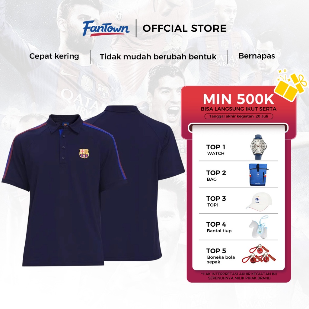 Fantown Official License - World Cup Polo Shirt Barcelona Kaos Polo Biru Navy V-Neck Olahraga Lengan