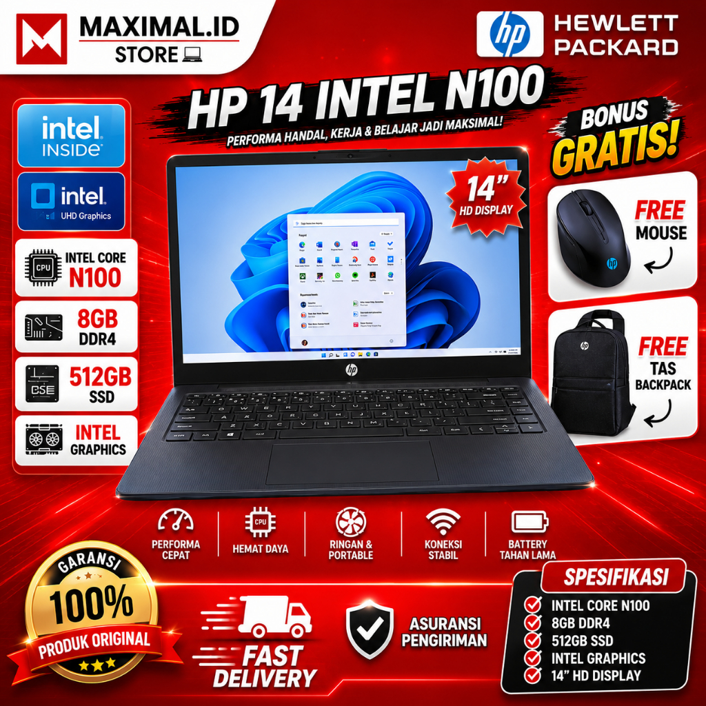 Laptop Slim HP 14  INTEL N100 Ram 8GB 512GB SSD 14 Inch  Windows 11 Office 2024 Ori Black