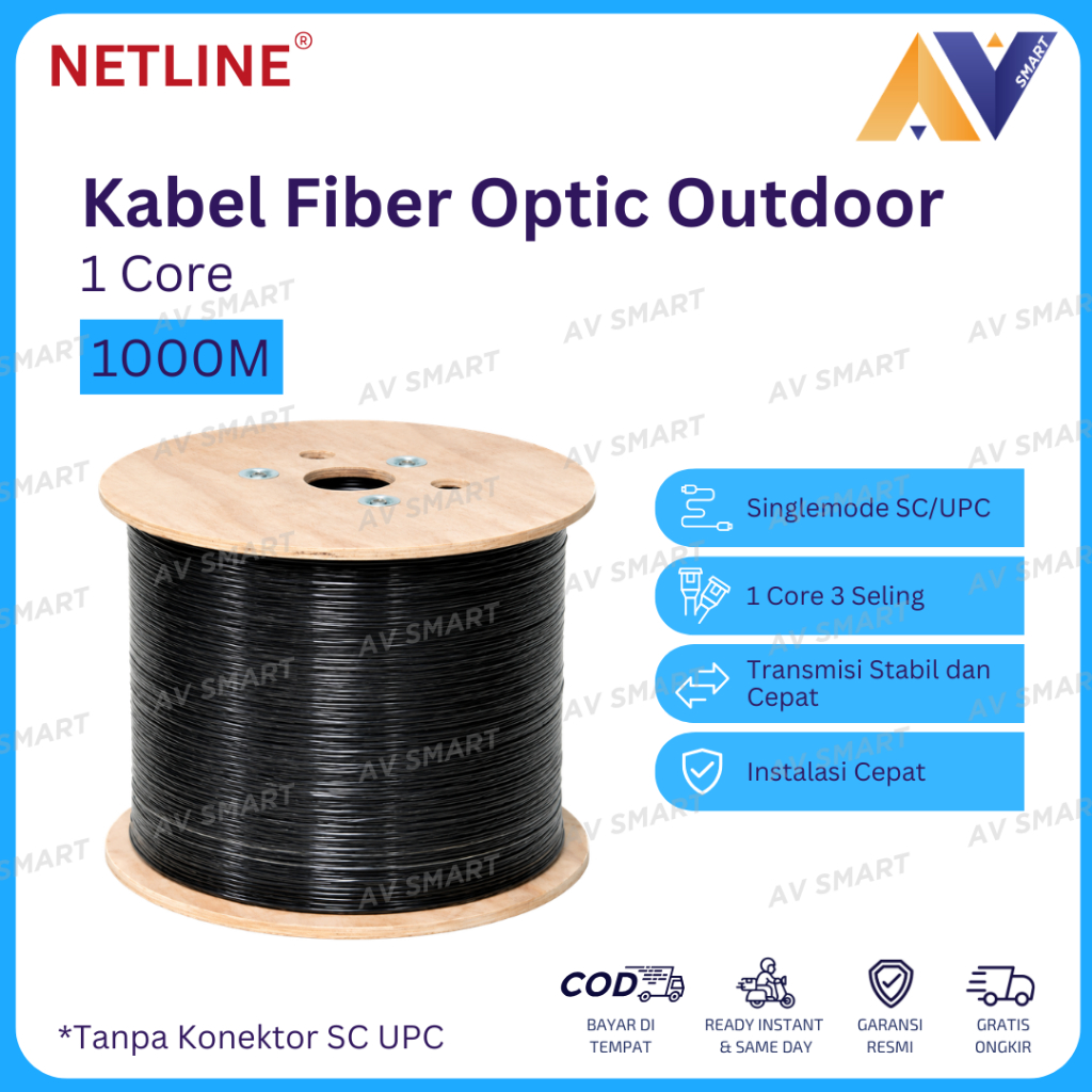 Netline Kabel Fiber Optic 1 Core 1000M SC UPC Outdoor FTTH 1000 Meter Roll Kayu Singlemode