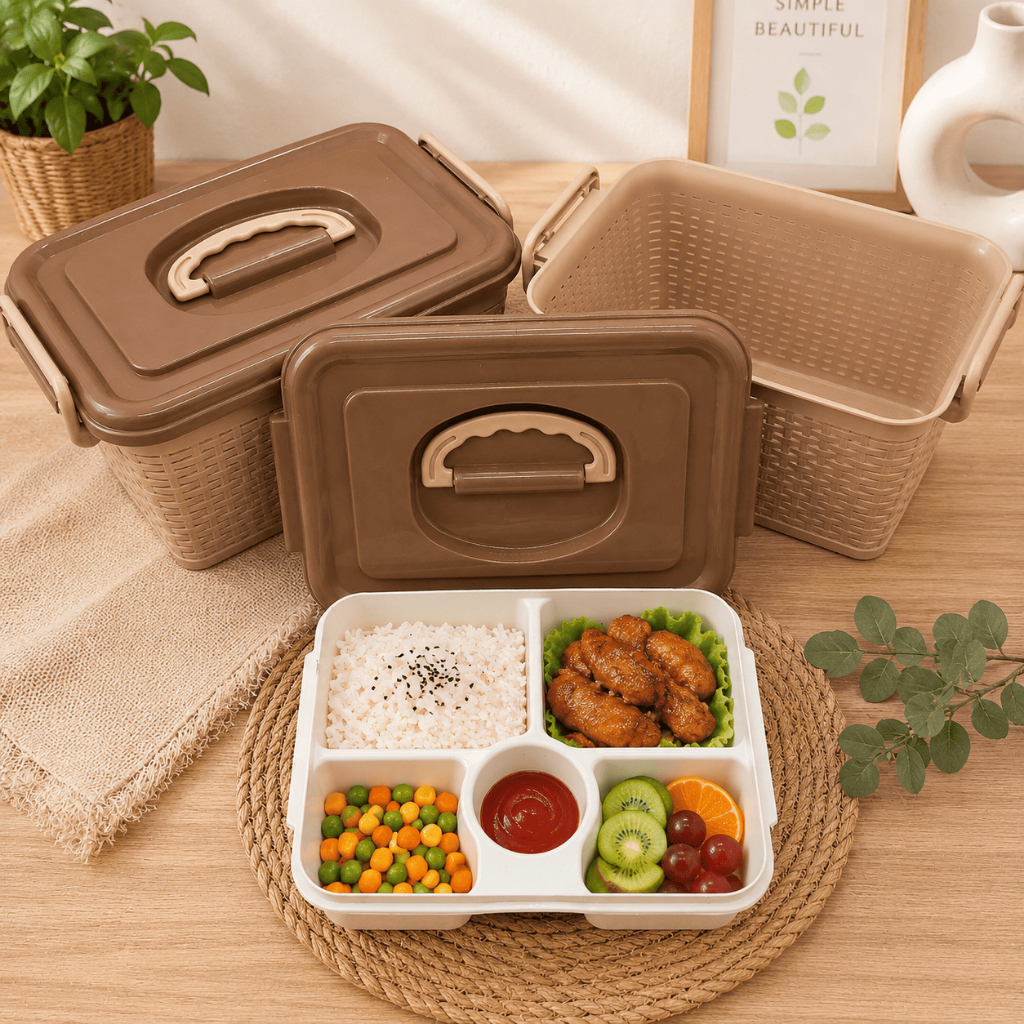 Kotak Makan Hajatan Lunch Box Plastik Rotan Coklat Gisella Keranjang Motif Rotan Gisella Keranjang L