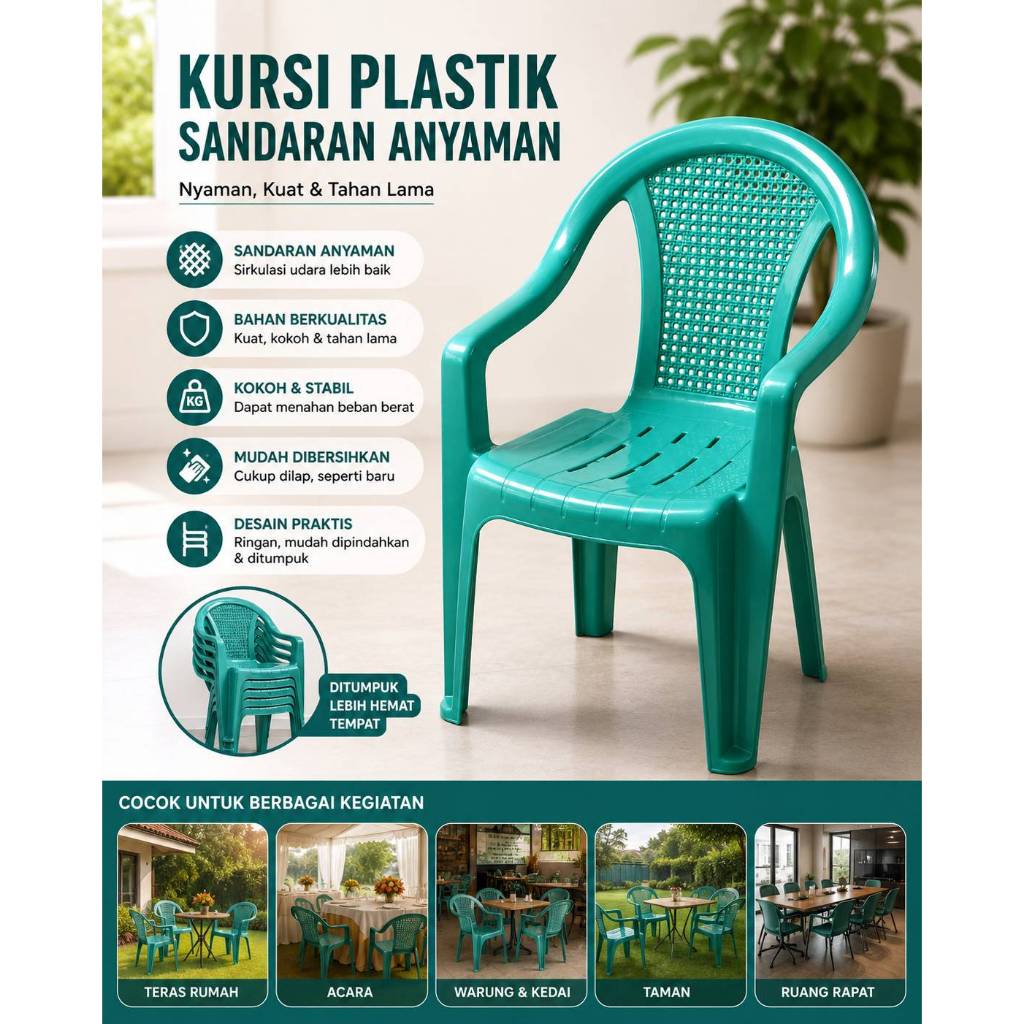 Kursi Plastik Sandaran Anyaman Kursi Cafe Teras Rumah Susun Tebal Premium