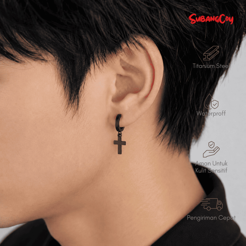 SUBANGCOY-Anting Tindik Model Salib Kecil Titanium 100% Anti Karat Pria Anting Bulat Silver Black Ea