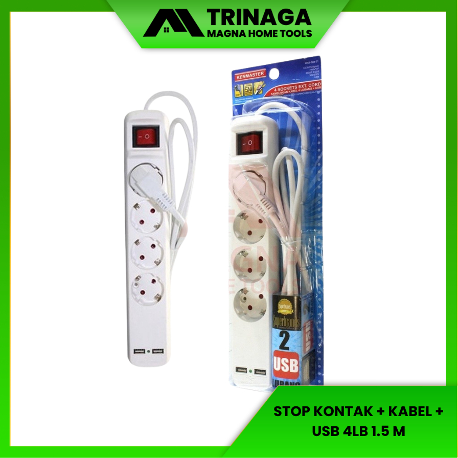 KABEL ROL STOP KONTAK COLOKAN LISTRIK 1,5M KOMPLIT 2 PORT USB ASLI KENMASTER