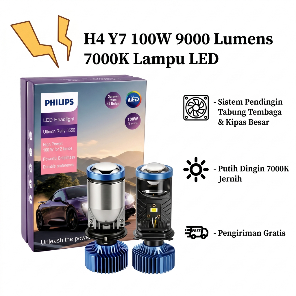 Lampu LED Ultinon Rally 3550 Philips H4 Y7 100W Anti Panas Semua Jenis Kendaraan