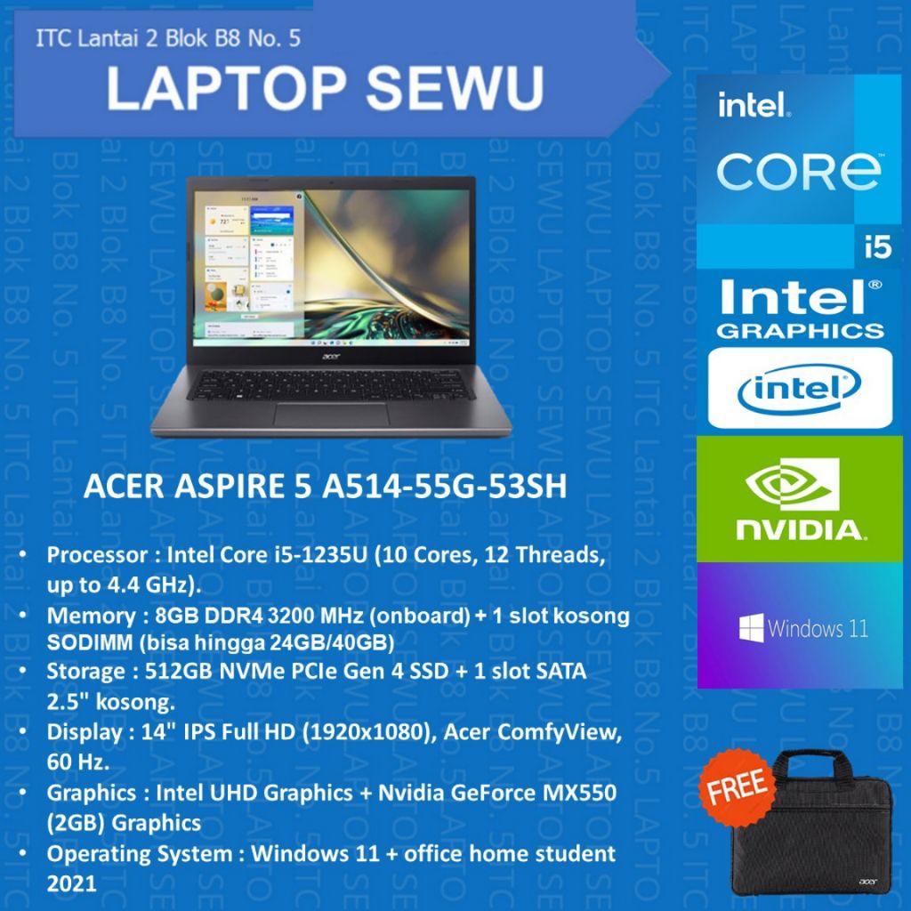 ACER ASPIRE 5 A514-55G-53SH INTEL CORE i5 1235u 8 GB 512 WIN 11 14" INCHI
