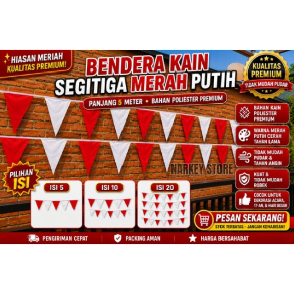 Bendera Kain Segitiga 5 Meter Merah Putih Indonesia