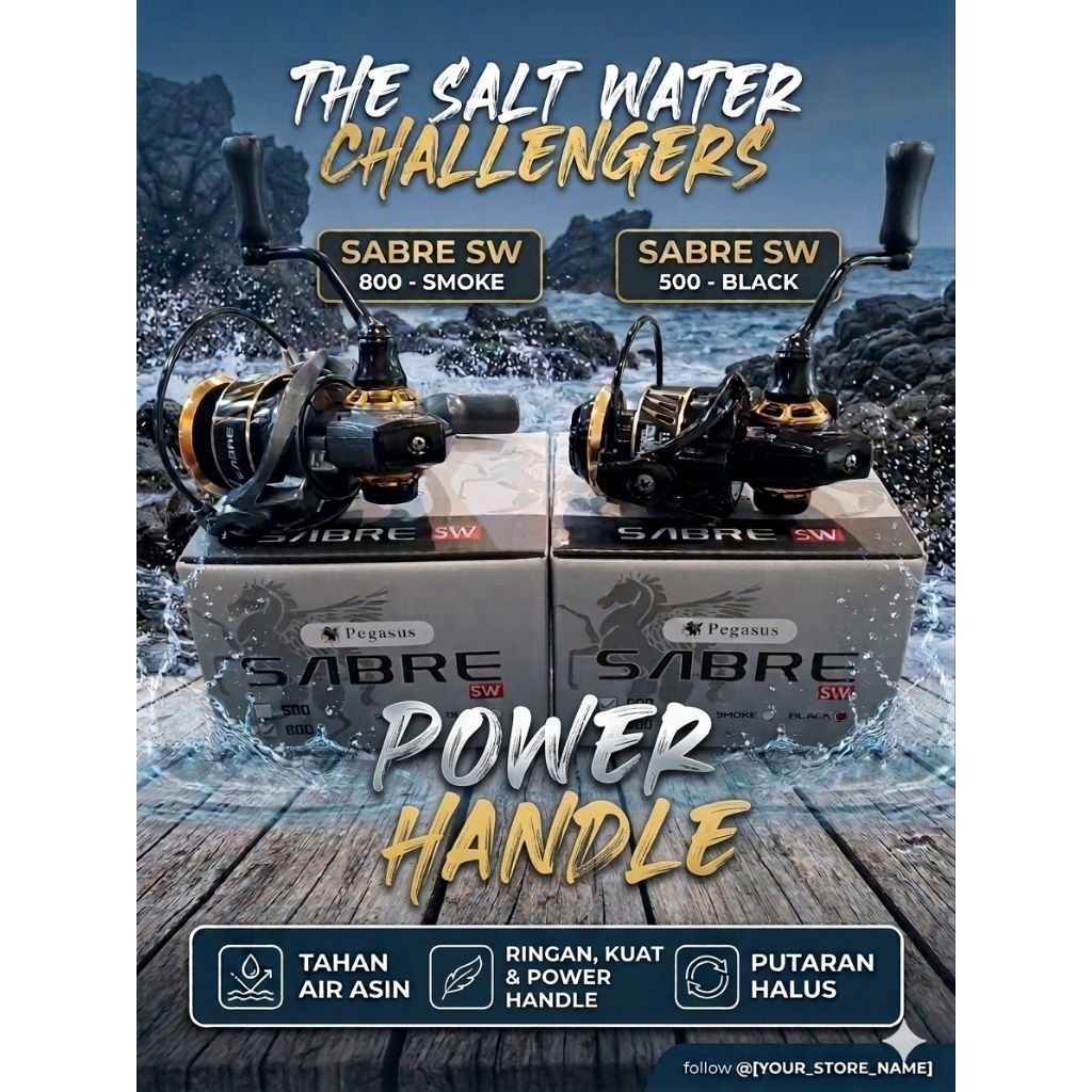 REEL PEGASUS ZABRE SALT WATER DAN POWER HANDLE UKURAN 500 DAN 800 ALUMINIUM SPOOL GEAR RATIO 5.2.1 M
