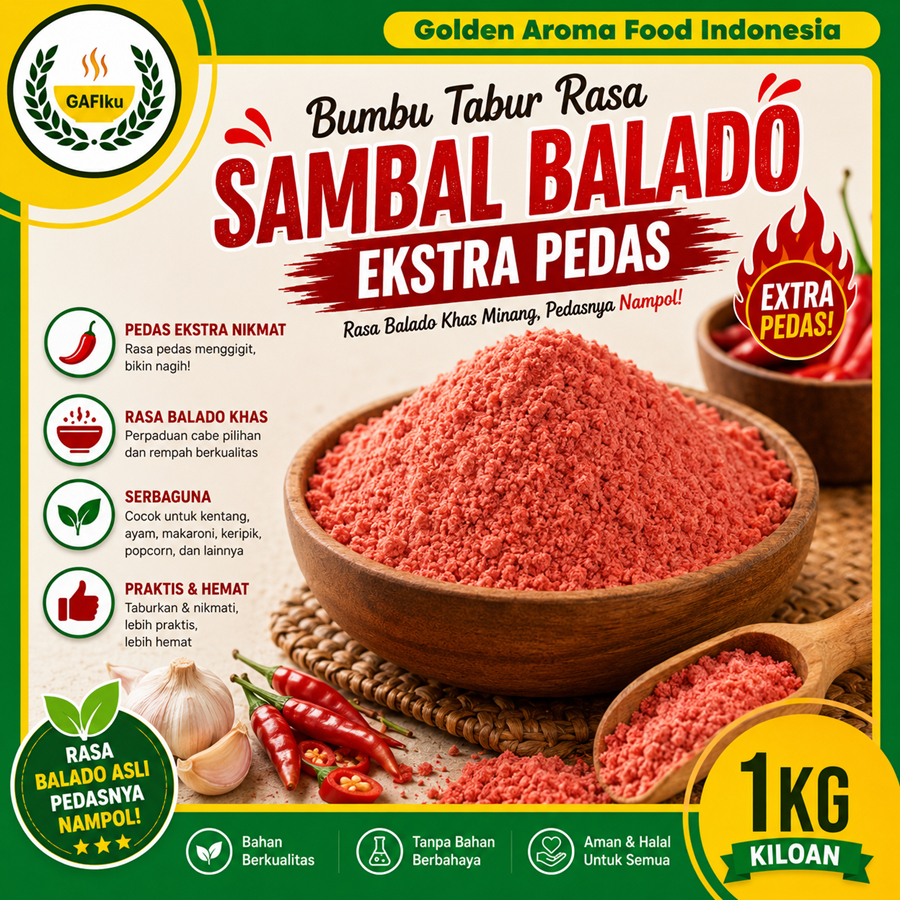 Bumbu Tabur Rasa Sambal Balado Ekstra Pedas, Jual Bubuk Tabur Sambal Balado Extra Pedas Murah GAFI