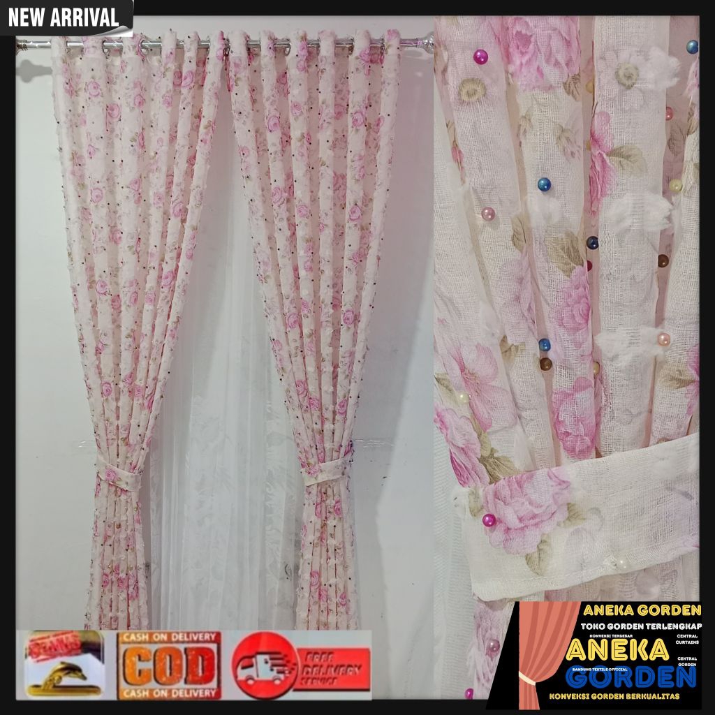 gorden vitrase ruby motif coklat elegant minimalis model smokring ukuran L. 140×T300cm
