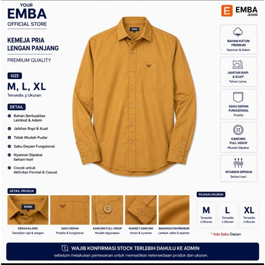 EMBA Kemeja Pria Lengan Panjang Bahan Katun Kuning Polos