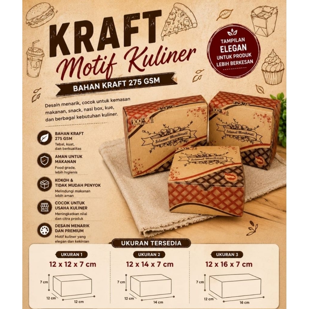 Dus GS Kraft Motif isi 100pcs / Dus Snack Kue 12x12 / 12x14 / 12x16 Nasi Box