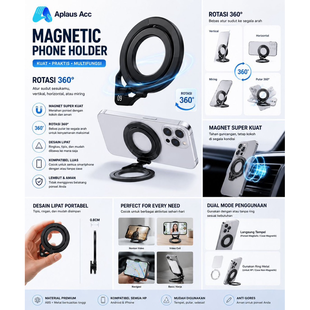 Holder Metal Stand Hp Magsafe Magnetic Vango VA-16 Wristband Dudukan Handphone Anti Jatuh | Bisa DI Meja Mobil Tembok Bisa Di lipat dan Hand Strap Grip
