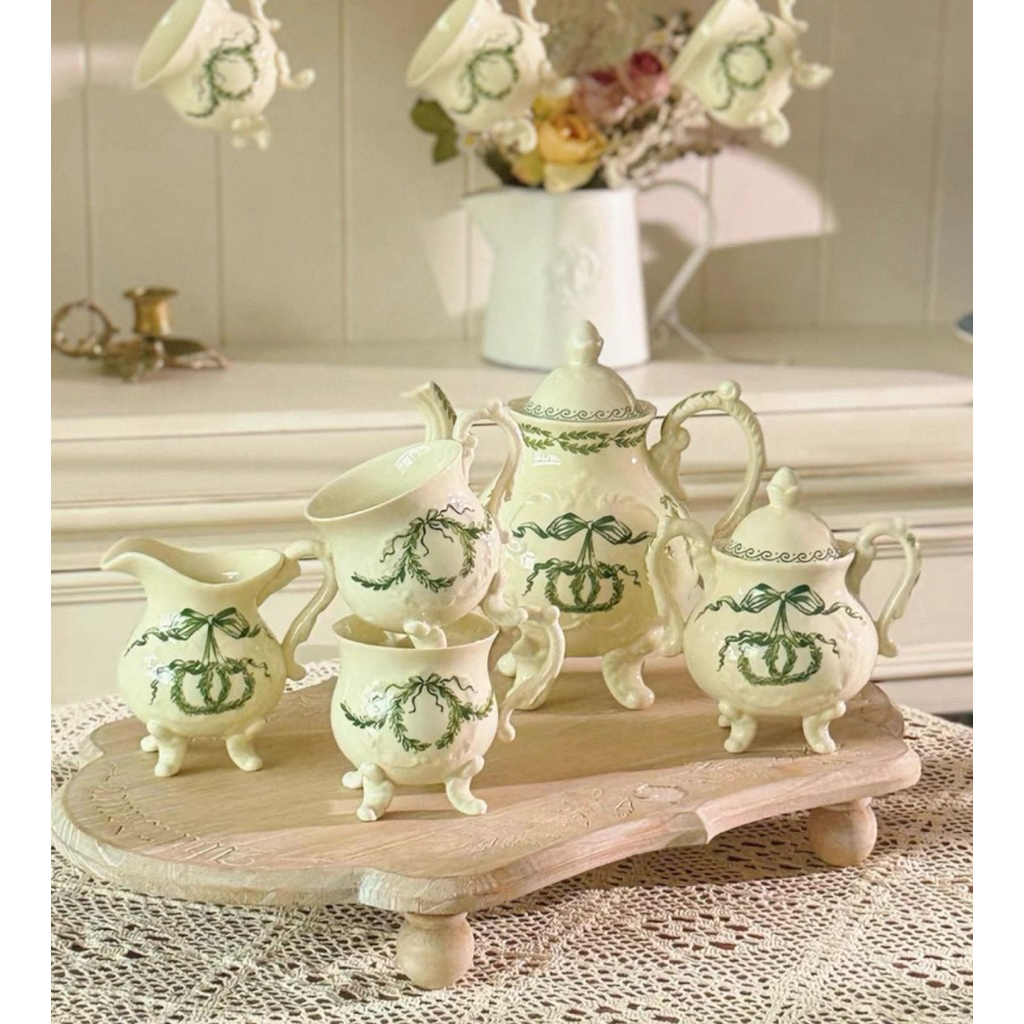 Set Tea Pot Keramik Vintage Motif Pita Hijau Set Cangkir Teh French Style Isi 10