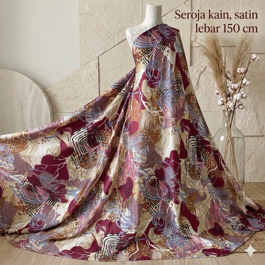 Kain Satin Silk Motif Bunga Abstra - Lebar Kain 150cm Aj