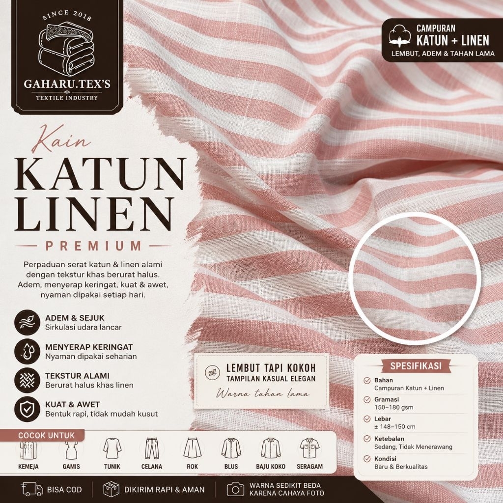 bahan katun linen premium - katun linen motif salur - katun linen meteran