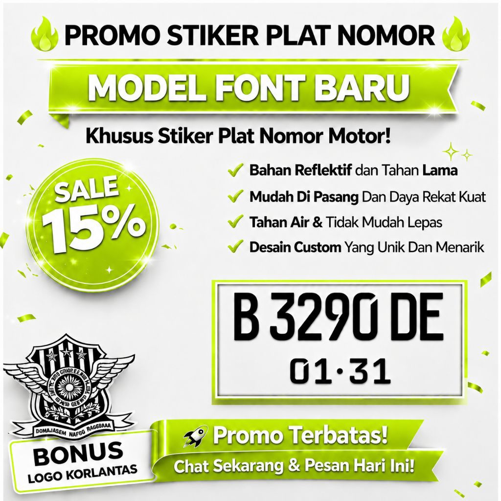 (Siap Kirim) Stiker Plat Nomer Motor Model Font Baru, Stiker Refflektif Plat Nomer Motor, Stiker Cut