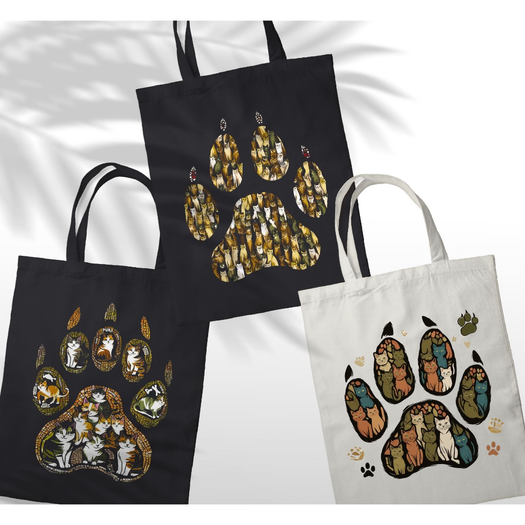 Totebag TAPAK KUCING 30x40 Cm | Tas Tote Bag Premium Sekolah Kuliah kerja Gambar Tulisan Kata Kata G