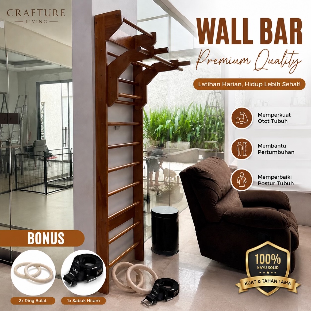 Wall Bar Kayu Jati – Swedish Ladder, Stall Bar, Dips Bar, Calisthenics, Fisioterapi & Yoga
