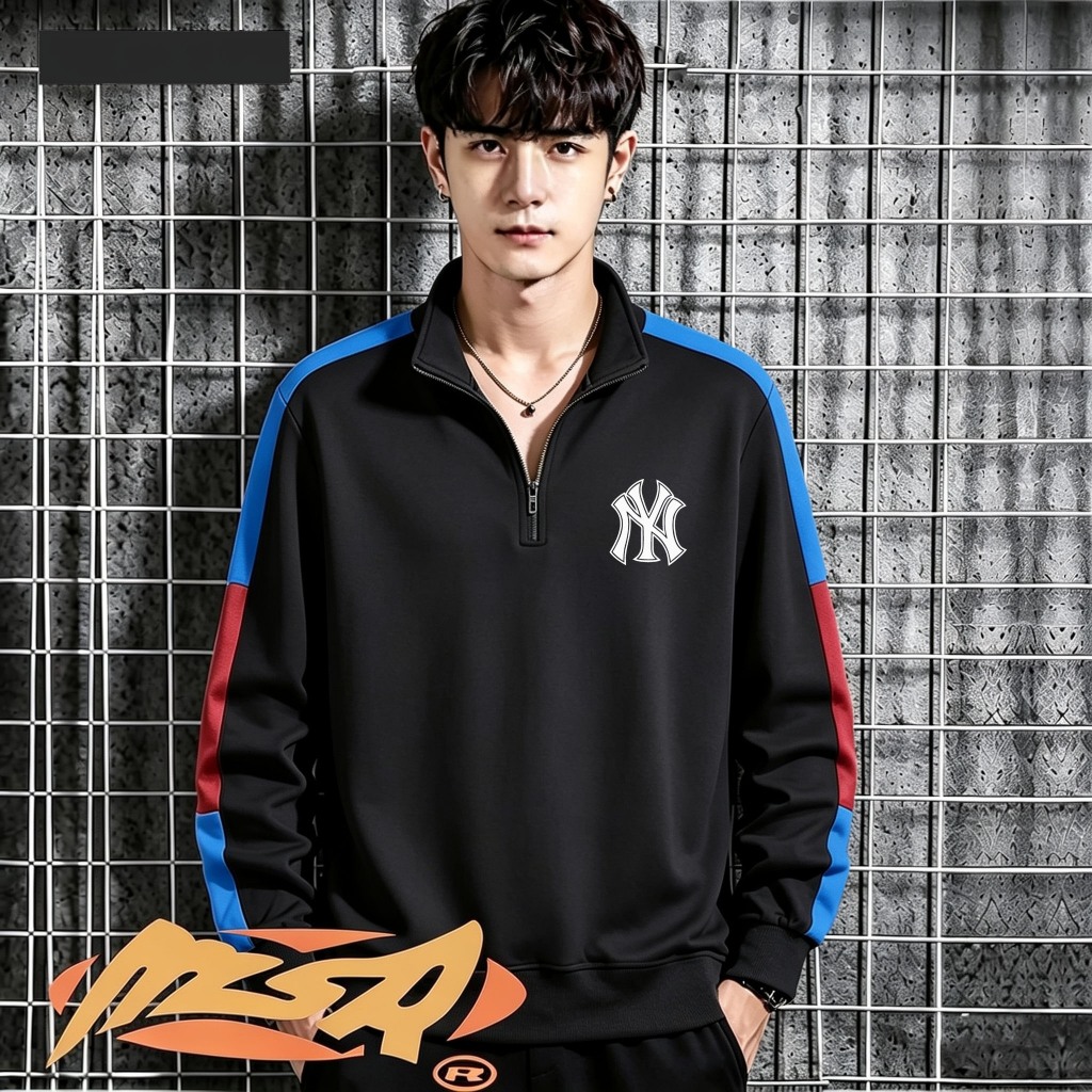 sweater zyper logo NY casual santai pria wanita jumbo lengan panjang custom logo bisa request