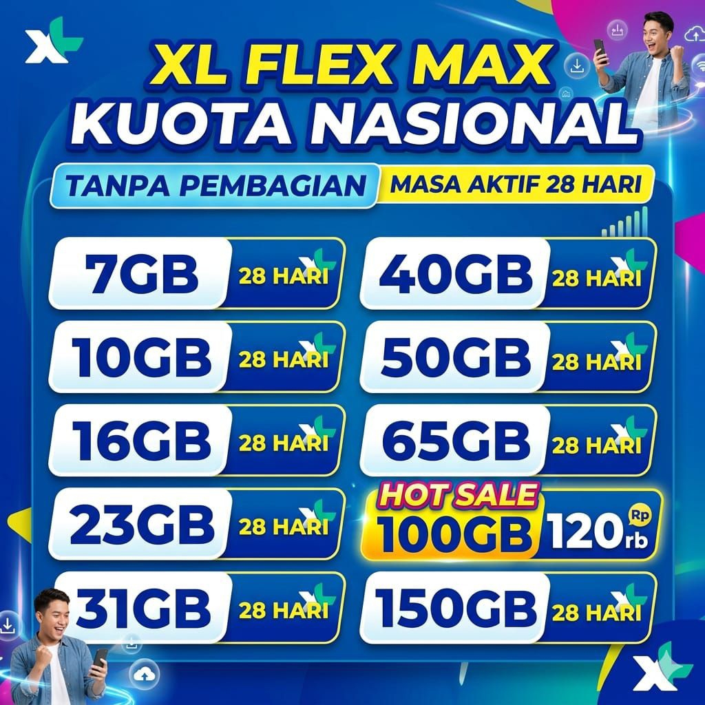 Kuota PAKET XL Flex Max 7GB, 10GB, 16GB, 23GB, 50GB, 100GB, 150GB 28 Hari