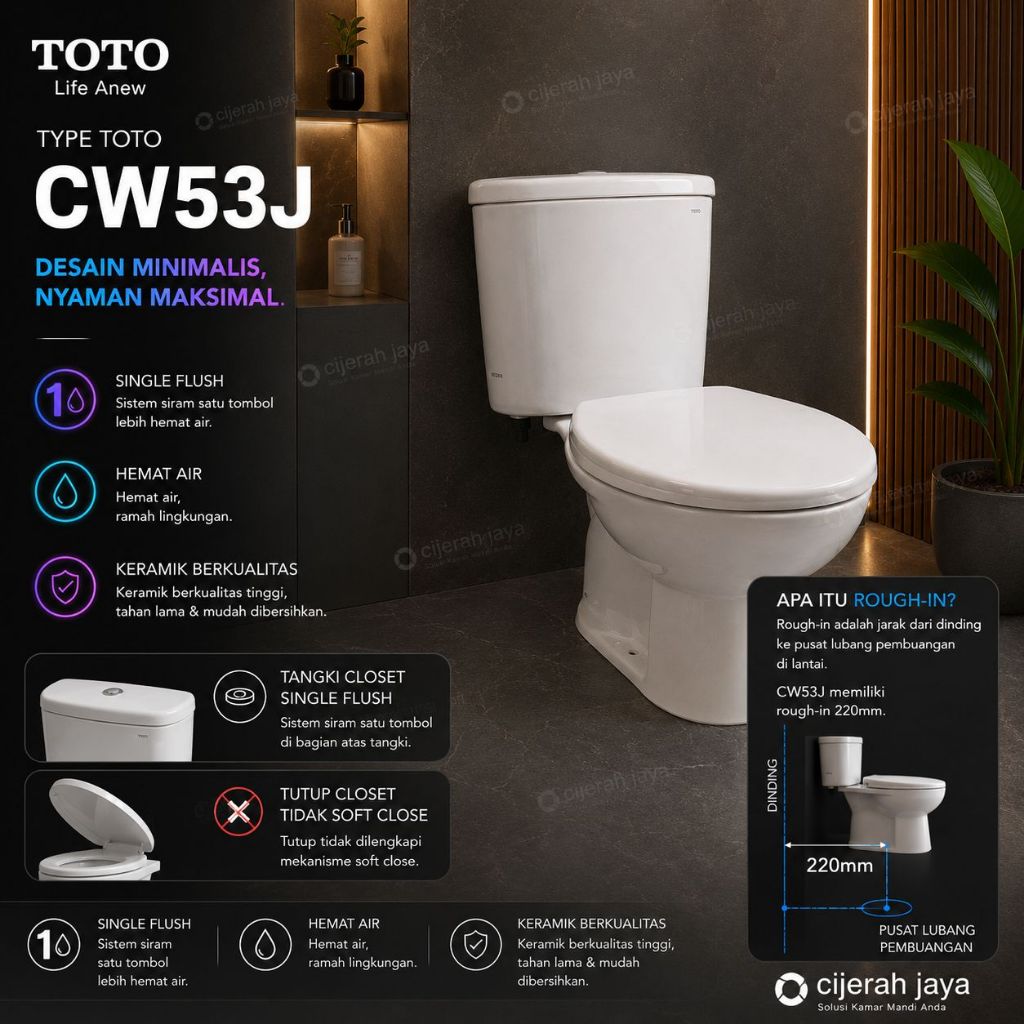 TOTO CLOSET DUDUK CW 53 + SW 53JP/53 + TCD 01R MONOBLOK TOTO CW53