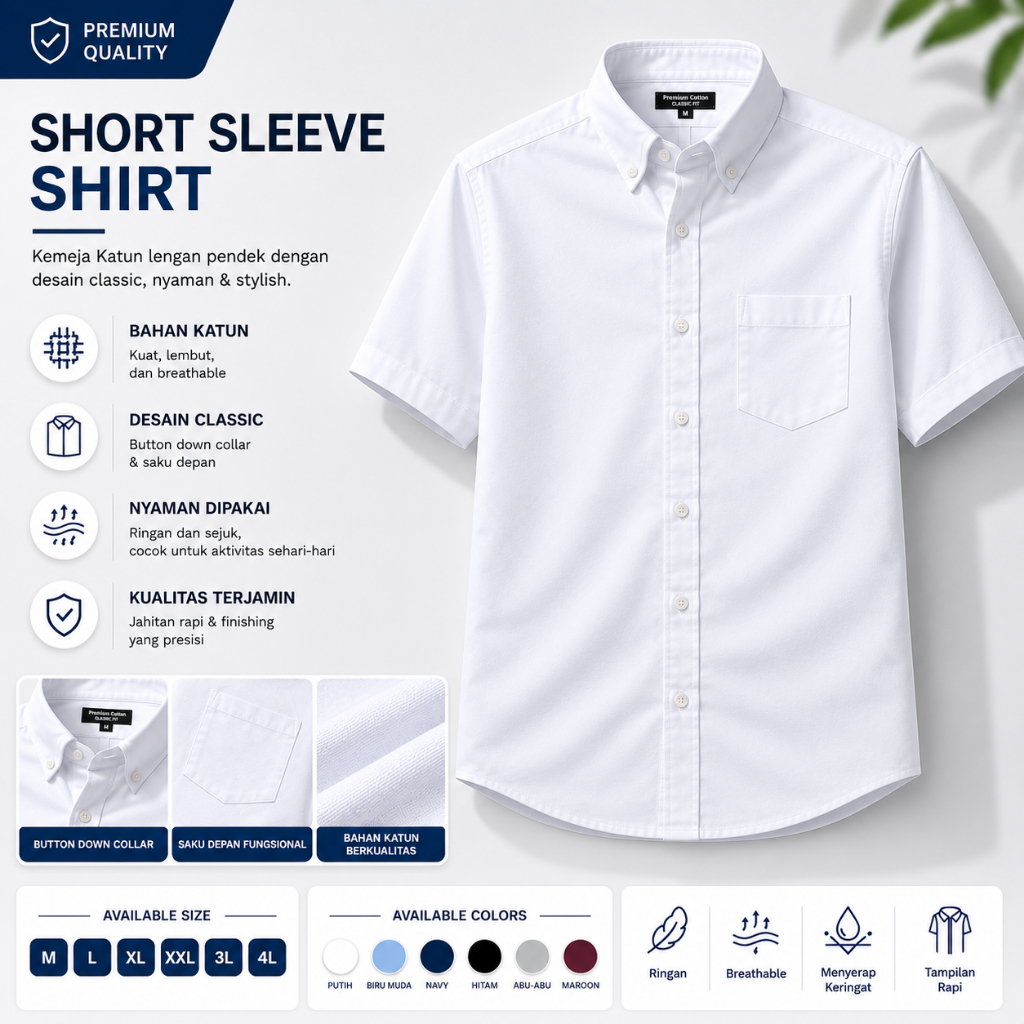 Kemeja Putih Pria Lengan Pendek Premium Quality Kemeja Kemeja Polos Putih  Pria Lengan pendek
