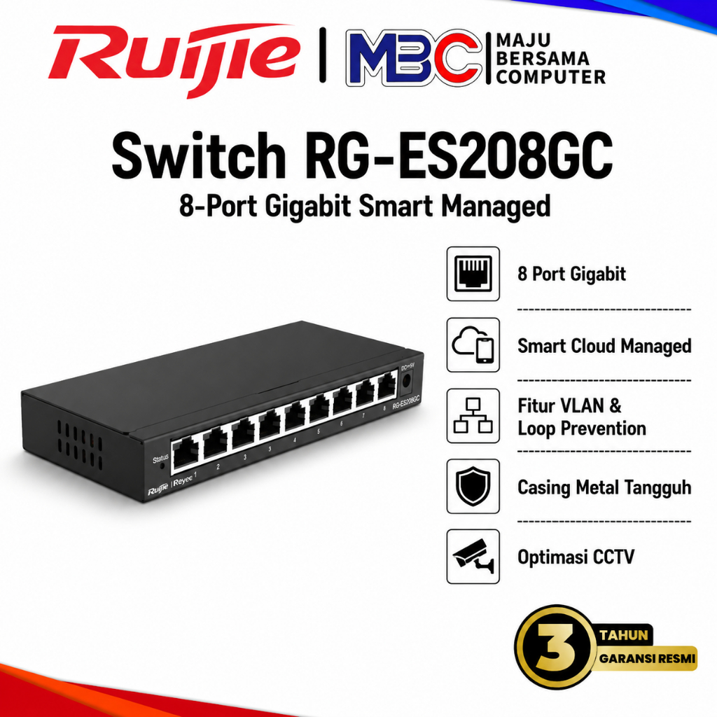 Switch 8 Port Ruijie RG-ES208GC Gigabit Smart Cloud Managed Non-PoE Switch Hub - 5 8 16 24 Port