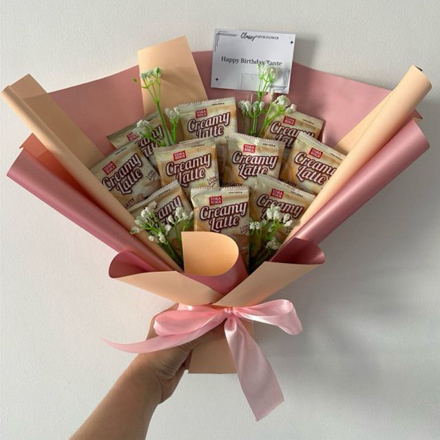 Bouquet Kopi Creamy Latte  Buket Snack isi Kopi bisa request merk kopi / Bunga Snack Hadiah Wisuda B